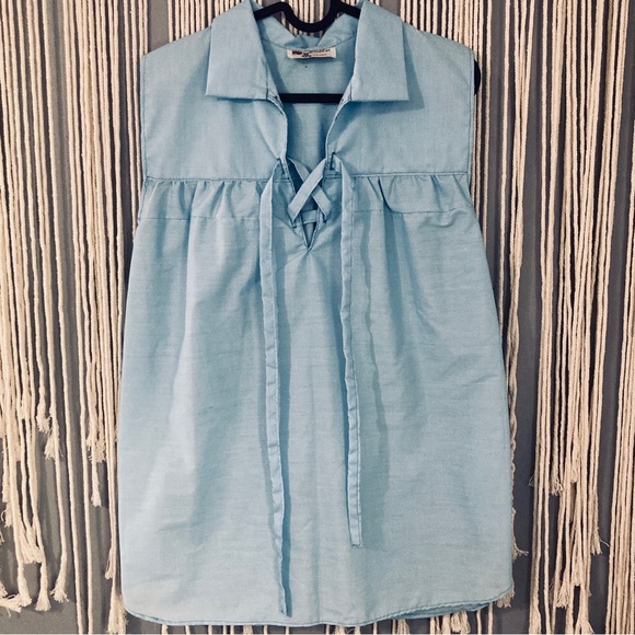 Light Blue Handmade Women's Sleeveless Renaissance Tunic V Neck Tie Up Loose - Picture 2 of 13